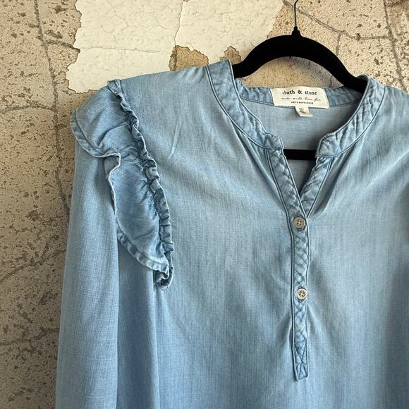 Anthropologie Dress Denim Chambray 100% Tencel Ruffle Long Sleeve Cloth Stone M - Picture 5 of 9